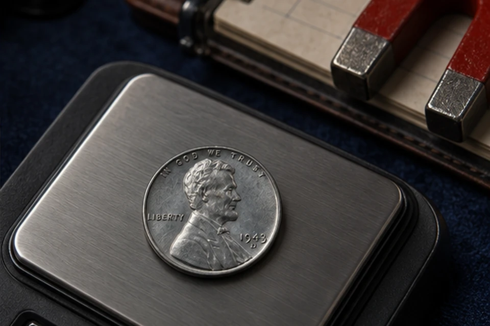 1943-D Steel Penny on a precision scale beside a magnet