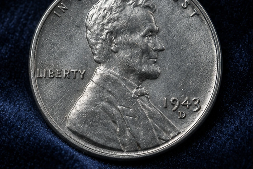 High-grade 1943-D Steel Penny obverse photographed on navy velvet