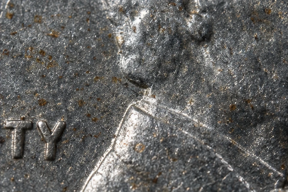 Original zinc-coated surface of a 1943-D Steel Penny in macro view