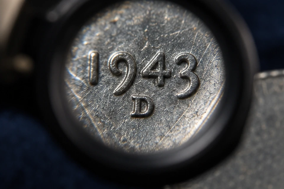 1943-D mint mark examined through a jeweler's loupe