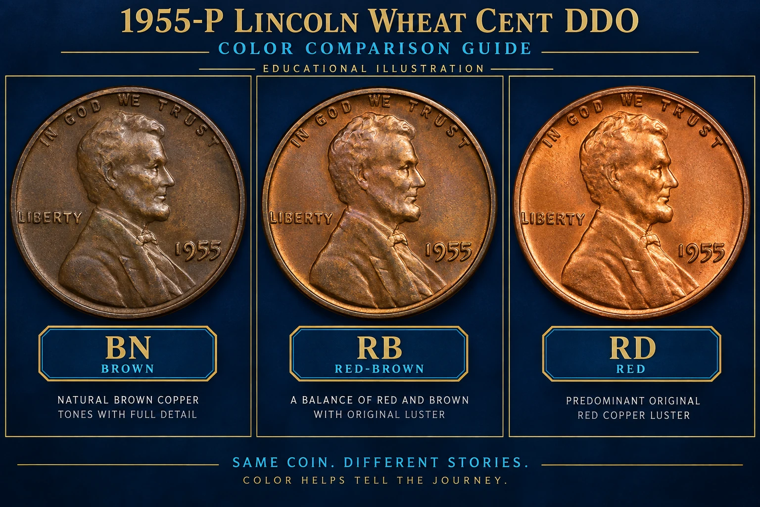 Educational BN RB and RD color comparison for a 1955 Doubled Die Obverse