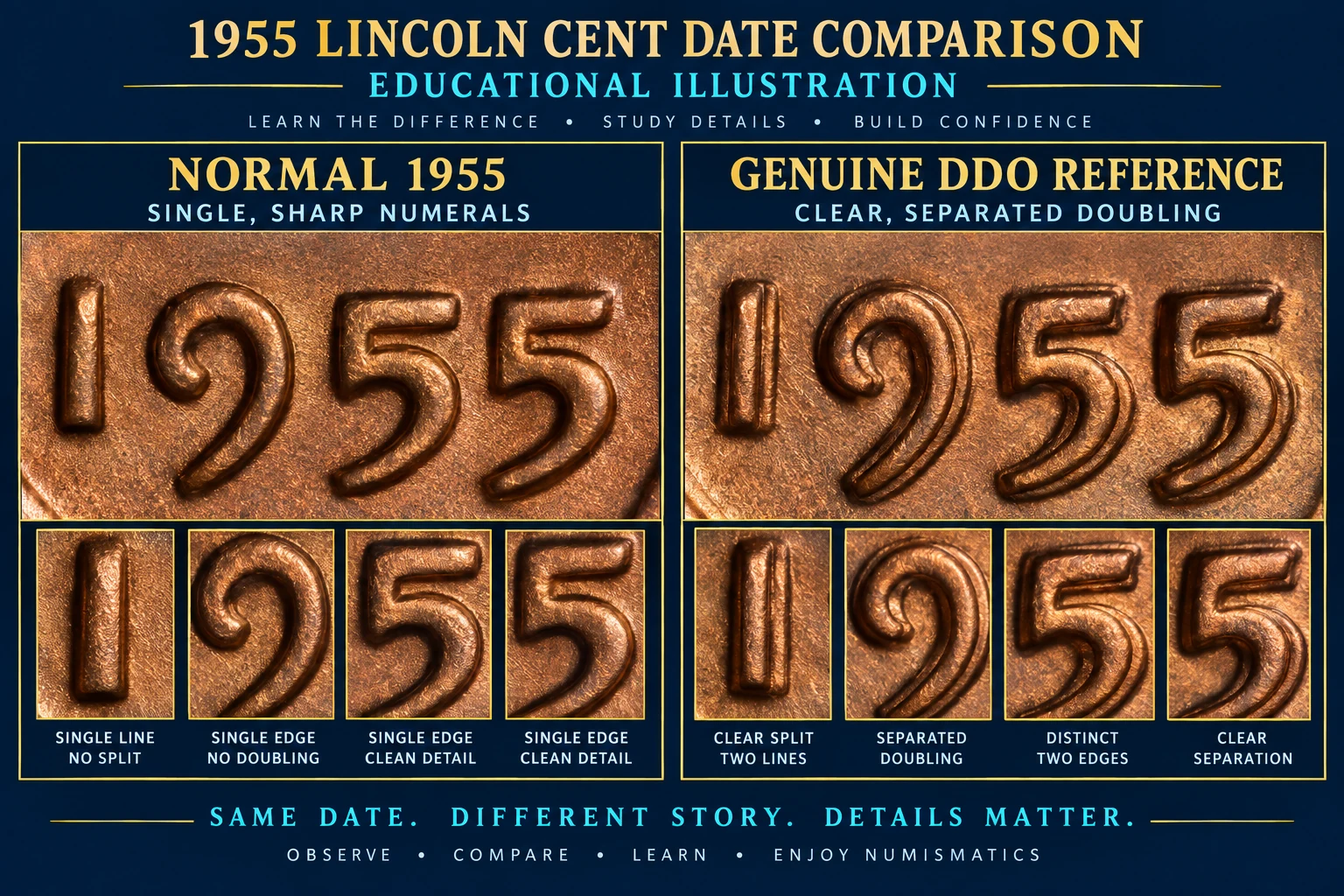Normal 1955 date compared with genuine Doubled Die Obverse reference