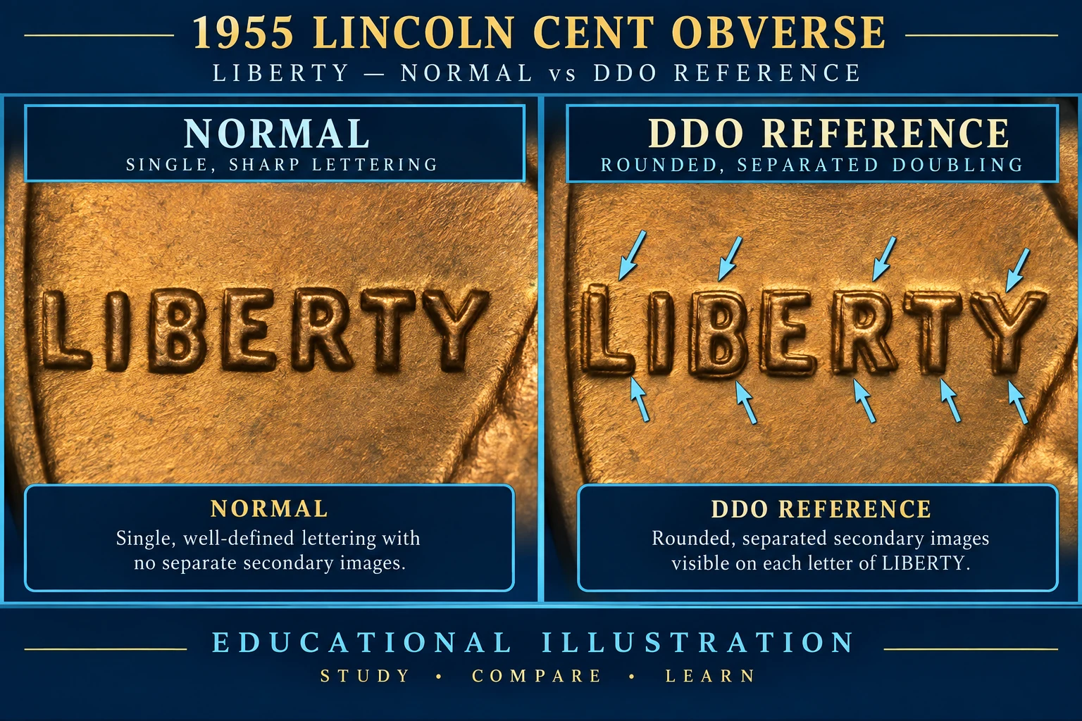 Normal LIBERTY compared with a 1955 Doubled Die reference