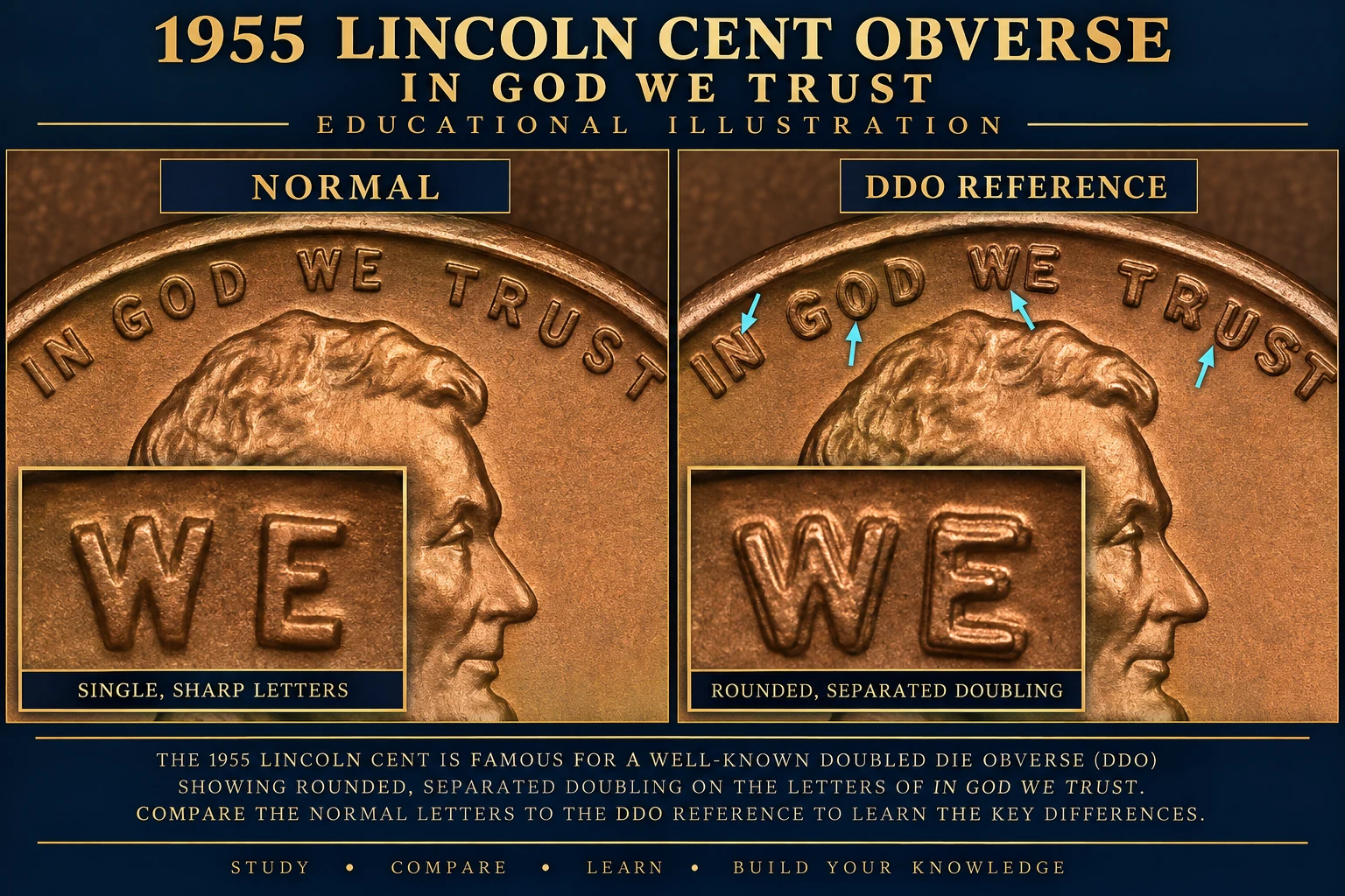 Normal motto compared with 1955 Doubled Die Obverse reference