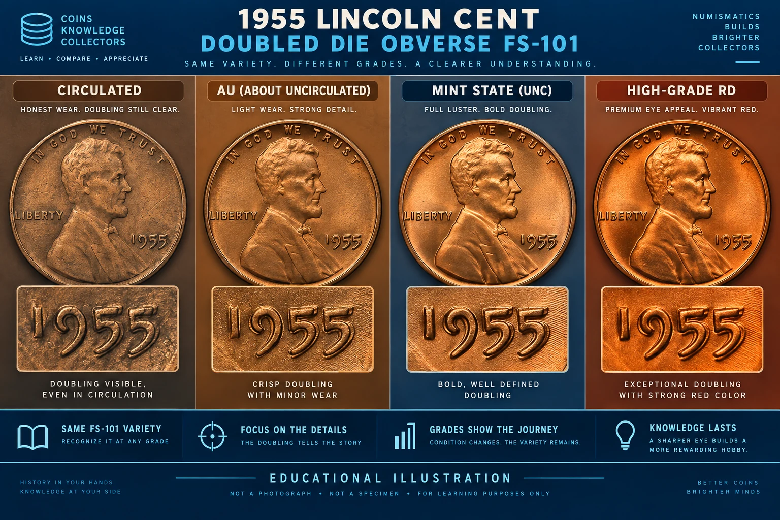 1955 Doubled Die Penny value progression from circulated to high grade Red