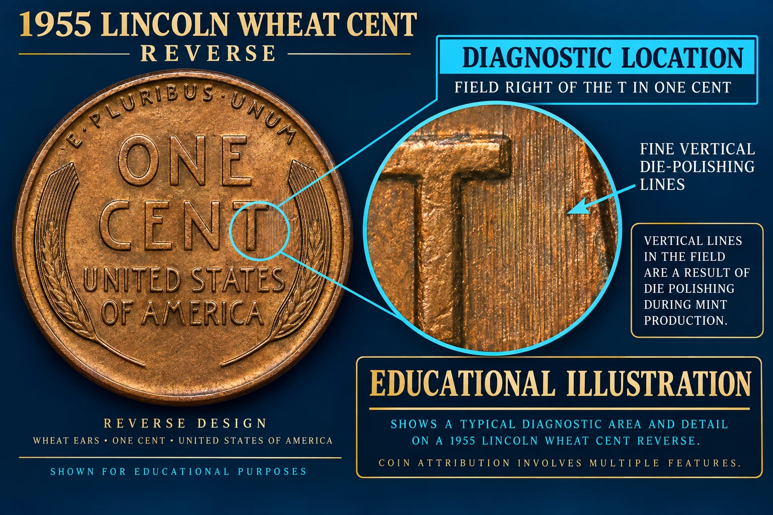 1955 Wheat reverse diagnostic location near the T in ONE CENT