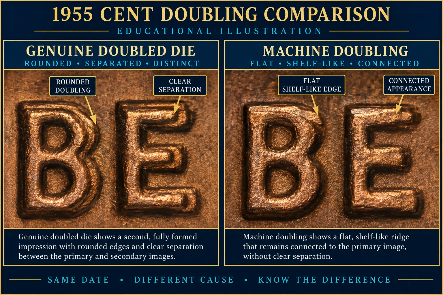 Genuine 1955 doubled die compared with machine doubling
