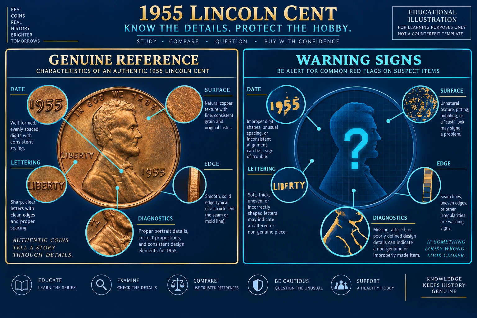 Educational genuine reference and warning signs for a 1955 Doubled Die