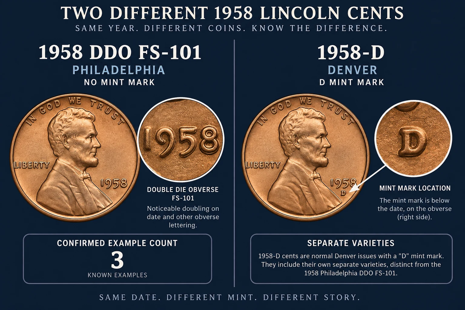 1958 DDO FS-101 compared with a separate 1958-D Denver penny