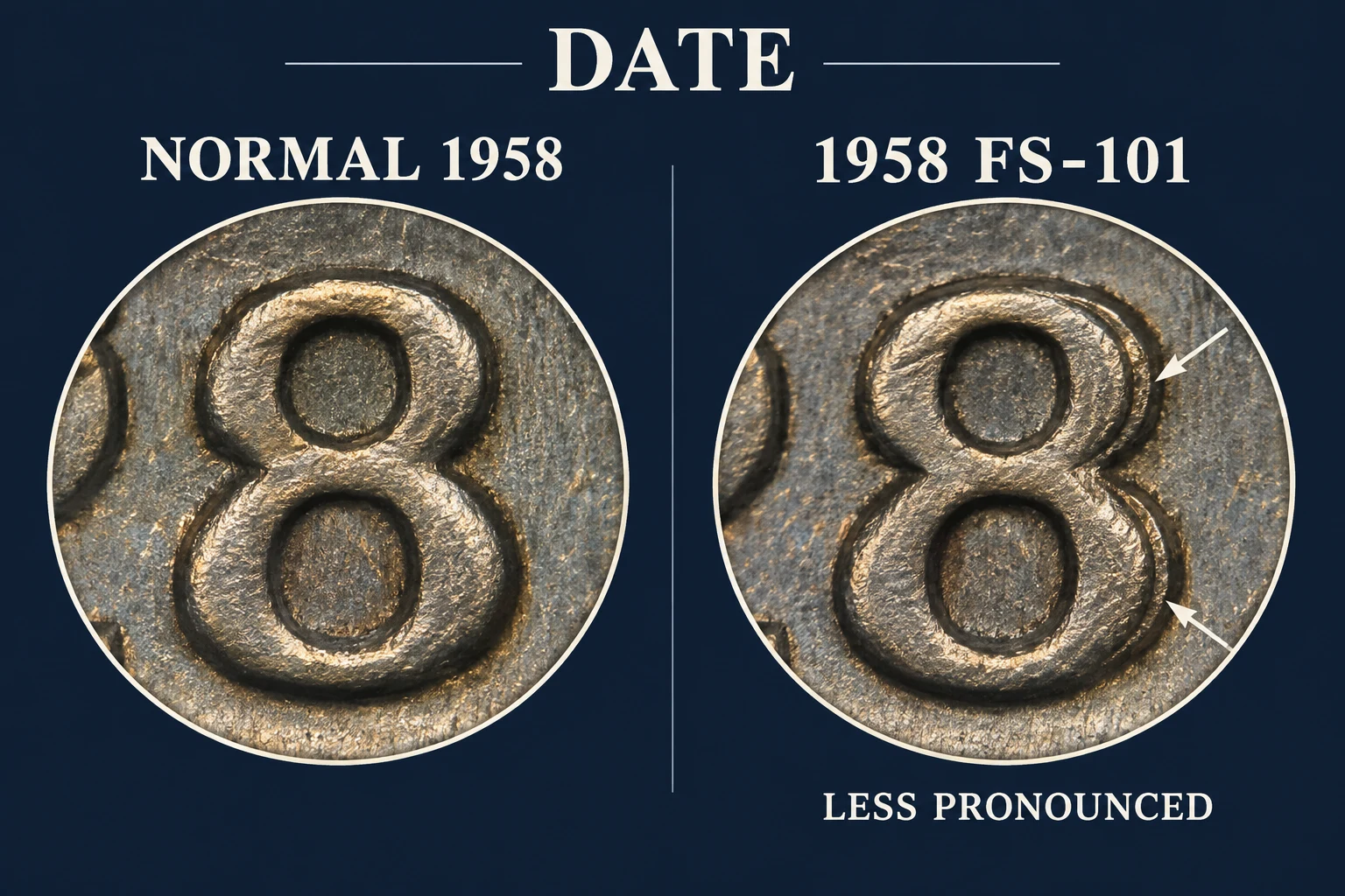 1958 Doubled Die Penny date showing doubling on the 8