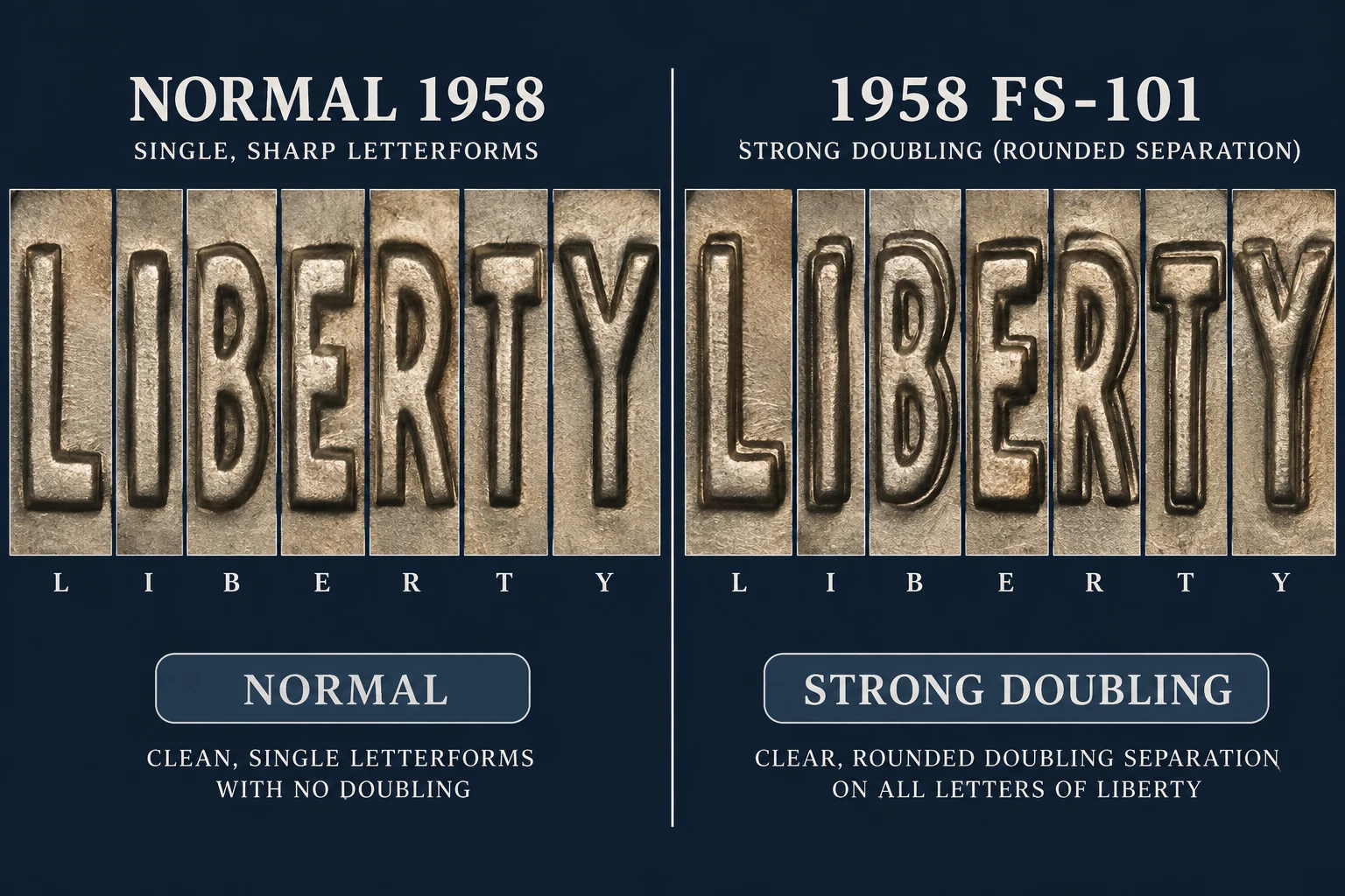 1958 Doubled Die LIBERTY close-up