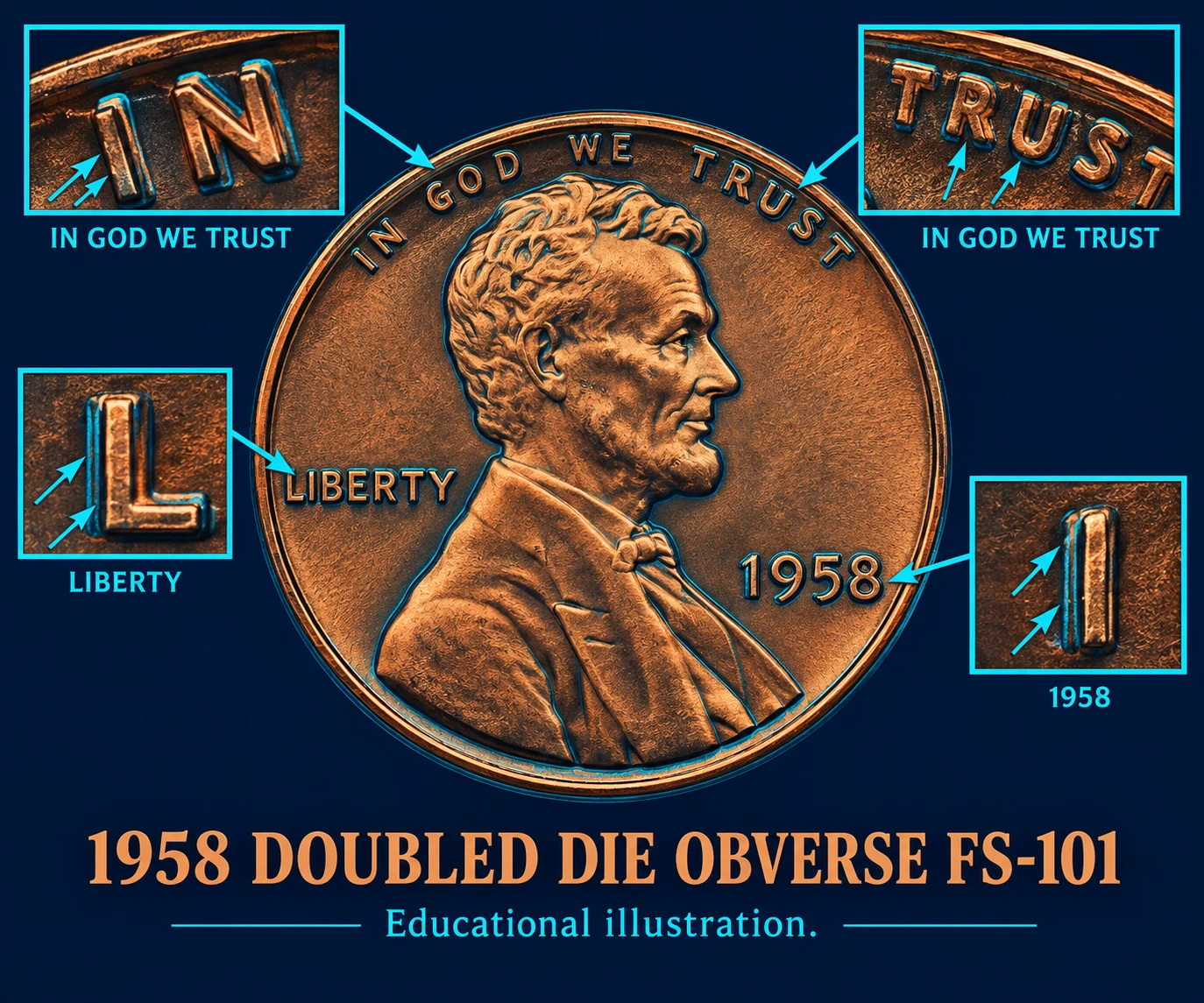 1958 Doubled Die Penny obverse FS-101 diagnostics