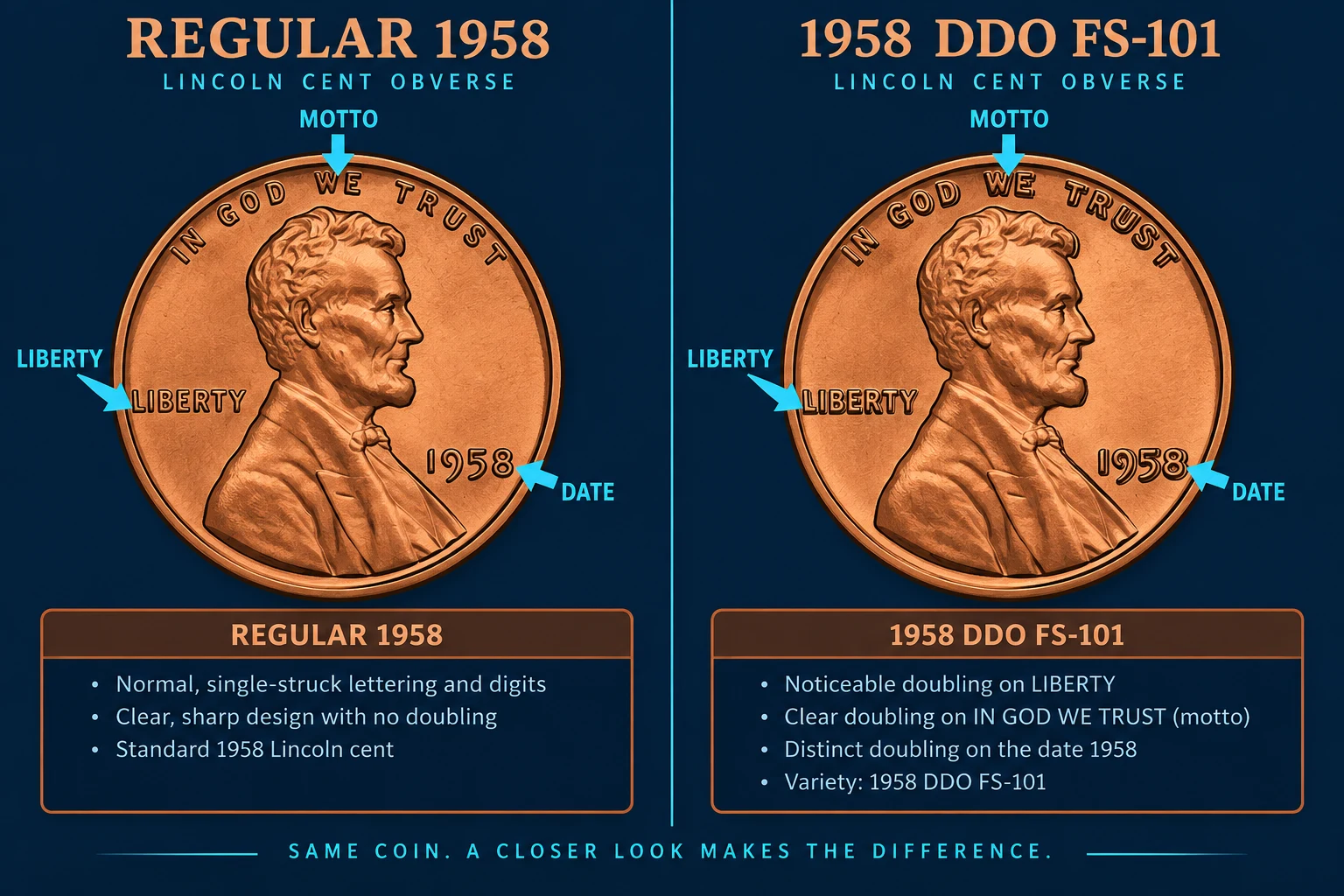 Regular 1958 penny compared with FS-101 doubled die