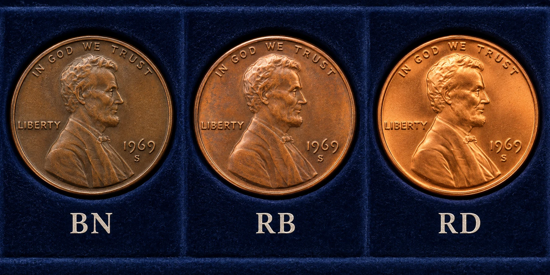 BN RB and RD color designations on 1969-S Doubled Die Pennies