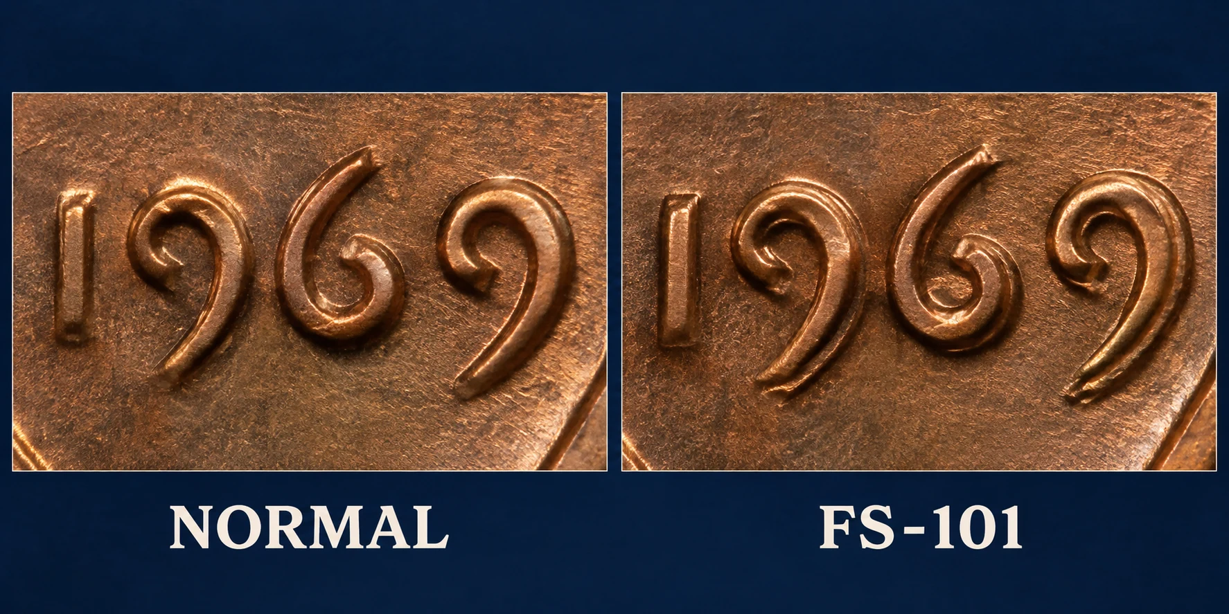 1969-S doubled die date compared with a regular penny