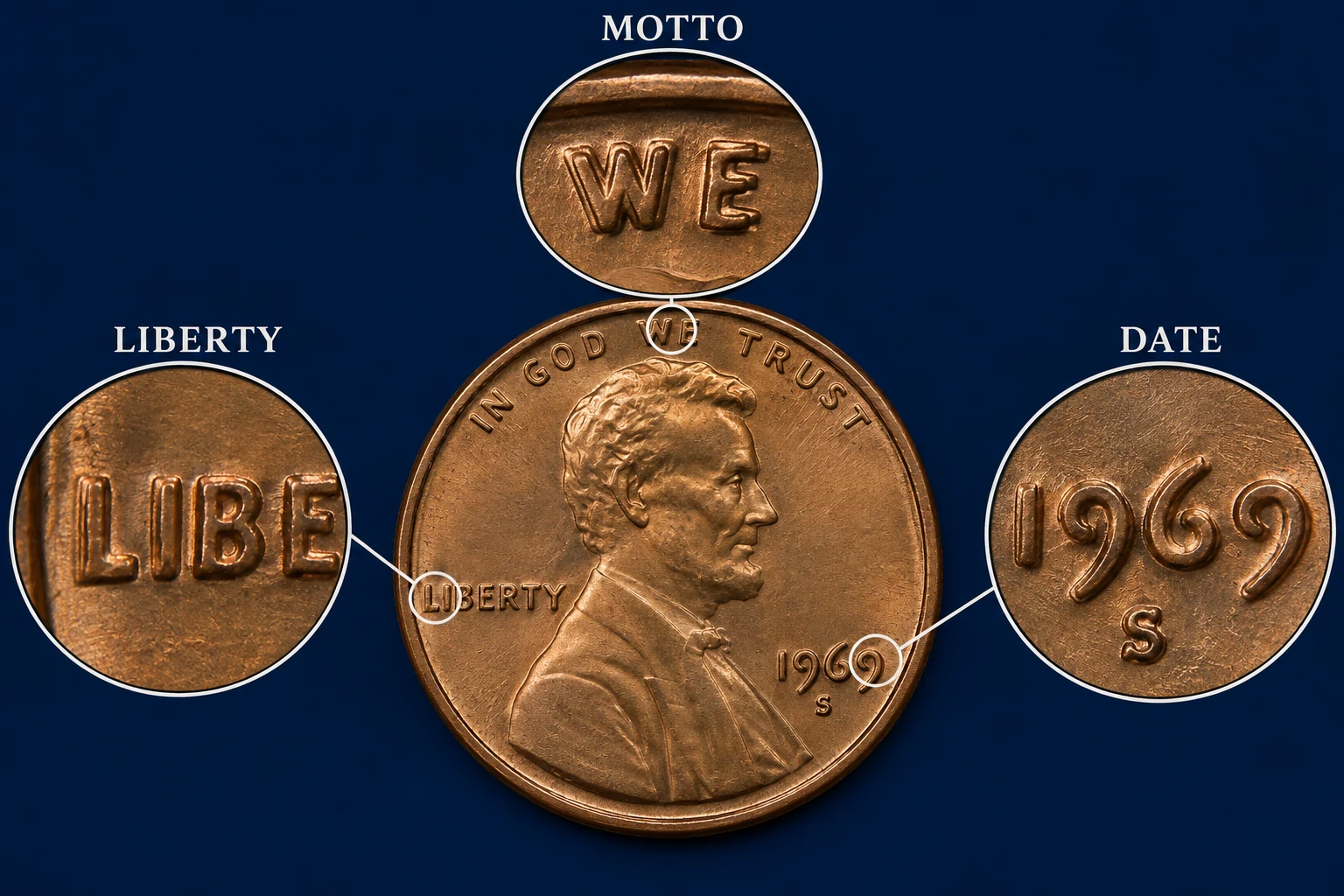 1969-S Doubled Die Penny obverse diagnostics on the date LIBERTY and motto
