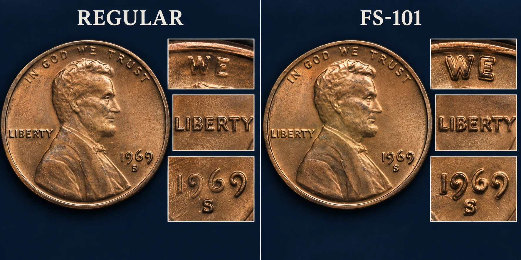 1969-S regular penny compared with FS-101