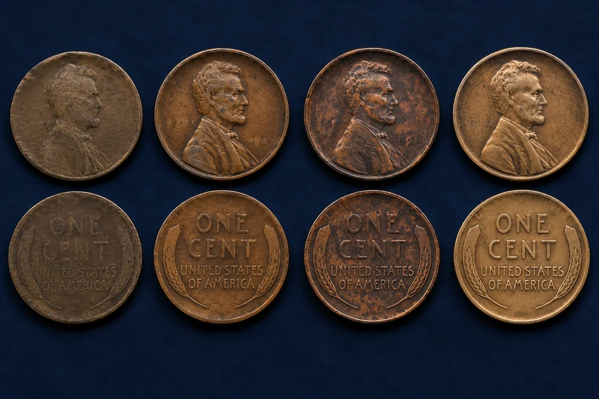 Four 1909 Lincoln cent combinations shown as a general educational comparison