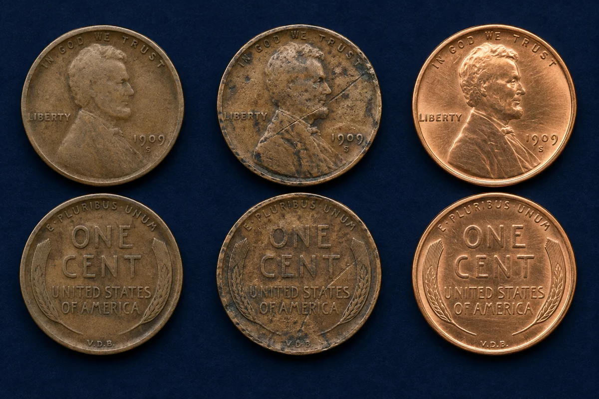 General illustration comparing naturally worn damaged and cleaned 1909-S VDB surfaces