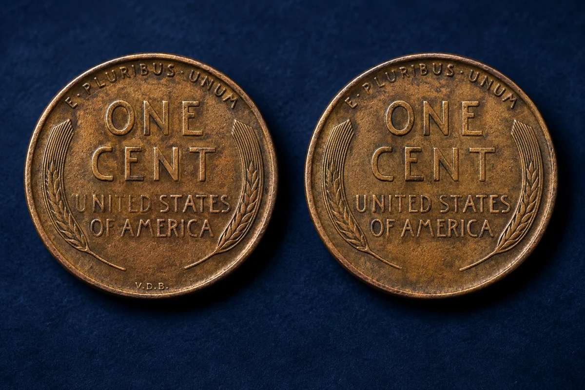 General historical illustration of 1909 Lincoln cent reverses with and without VDB initials