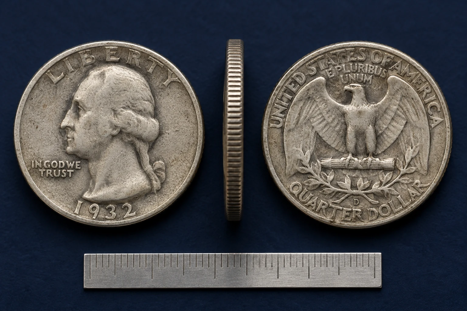 1932-D silver Washington quarter with reeded edge
