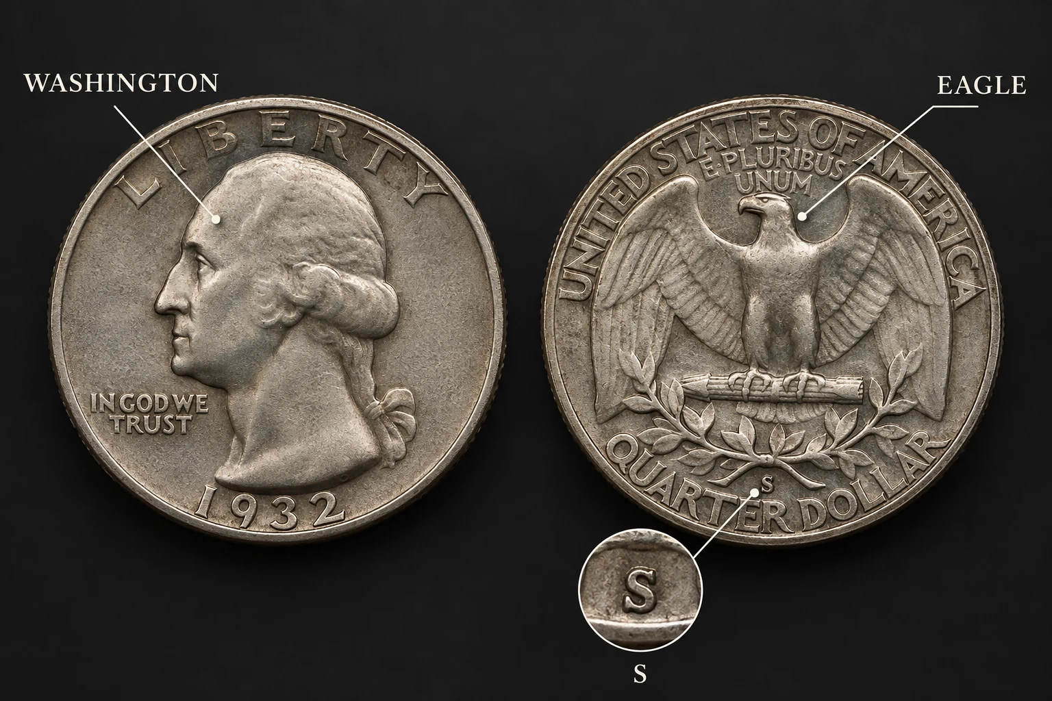 1932-S Washington quarter obverse reverse and S mint mark design details