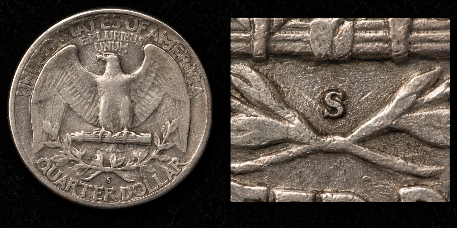 S mint mark below the wreath on a 1932-S quarter