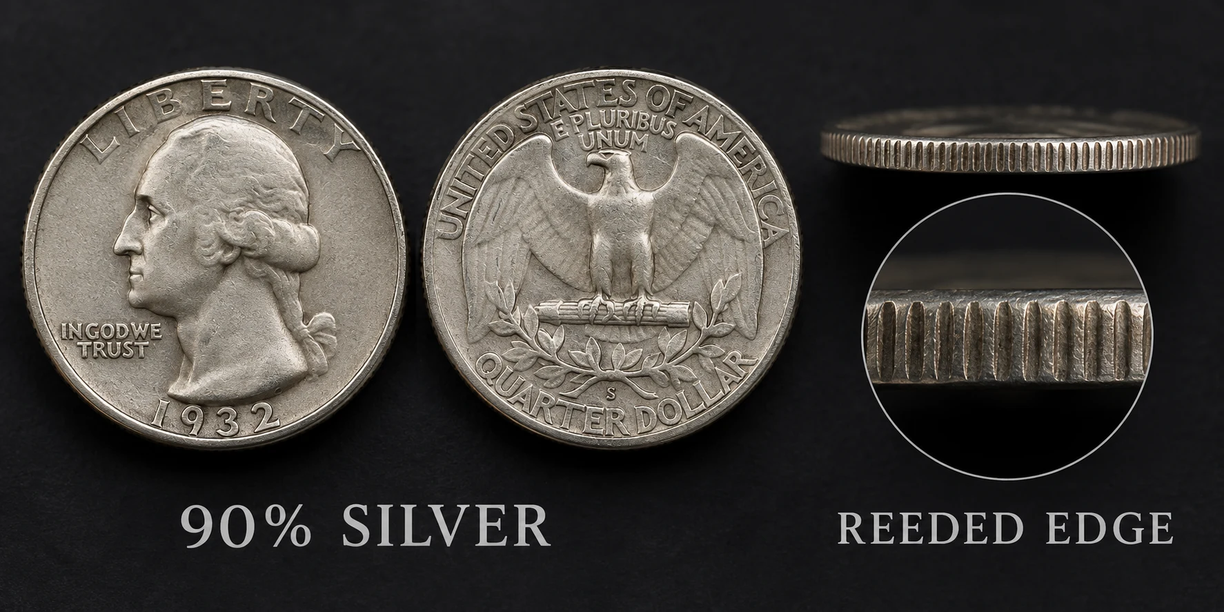 1932-S silver Washington quarter and reeded edge