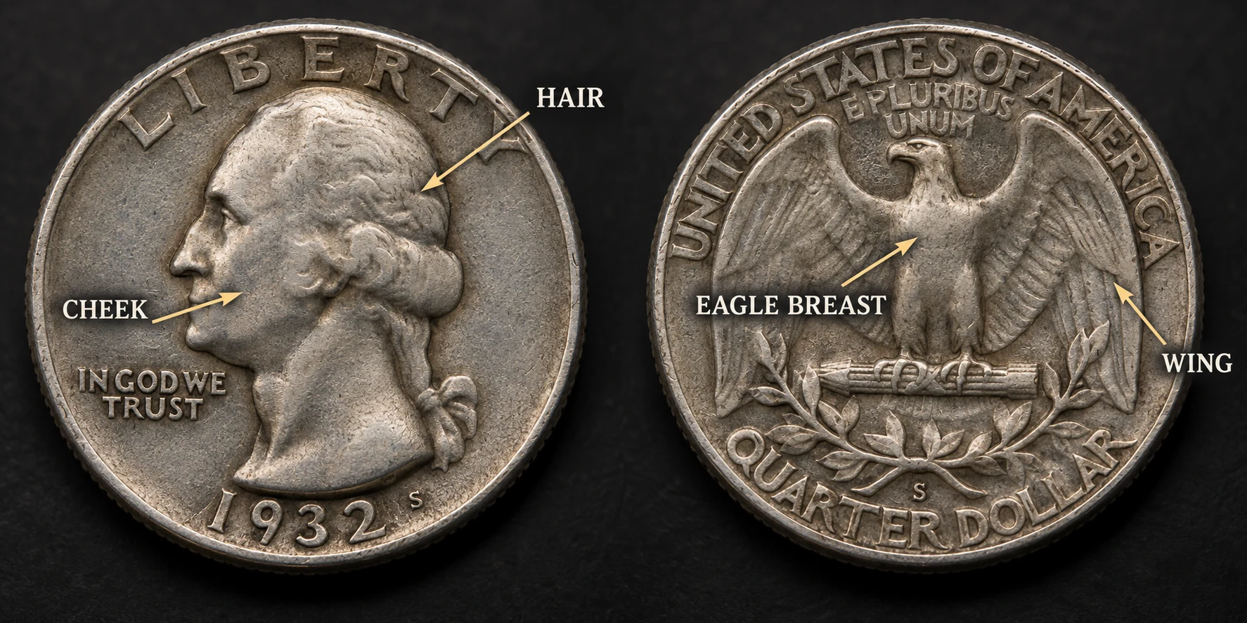 1932-S quarter wear points on hair cheek eagle breast and arrows
