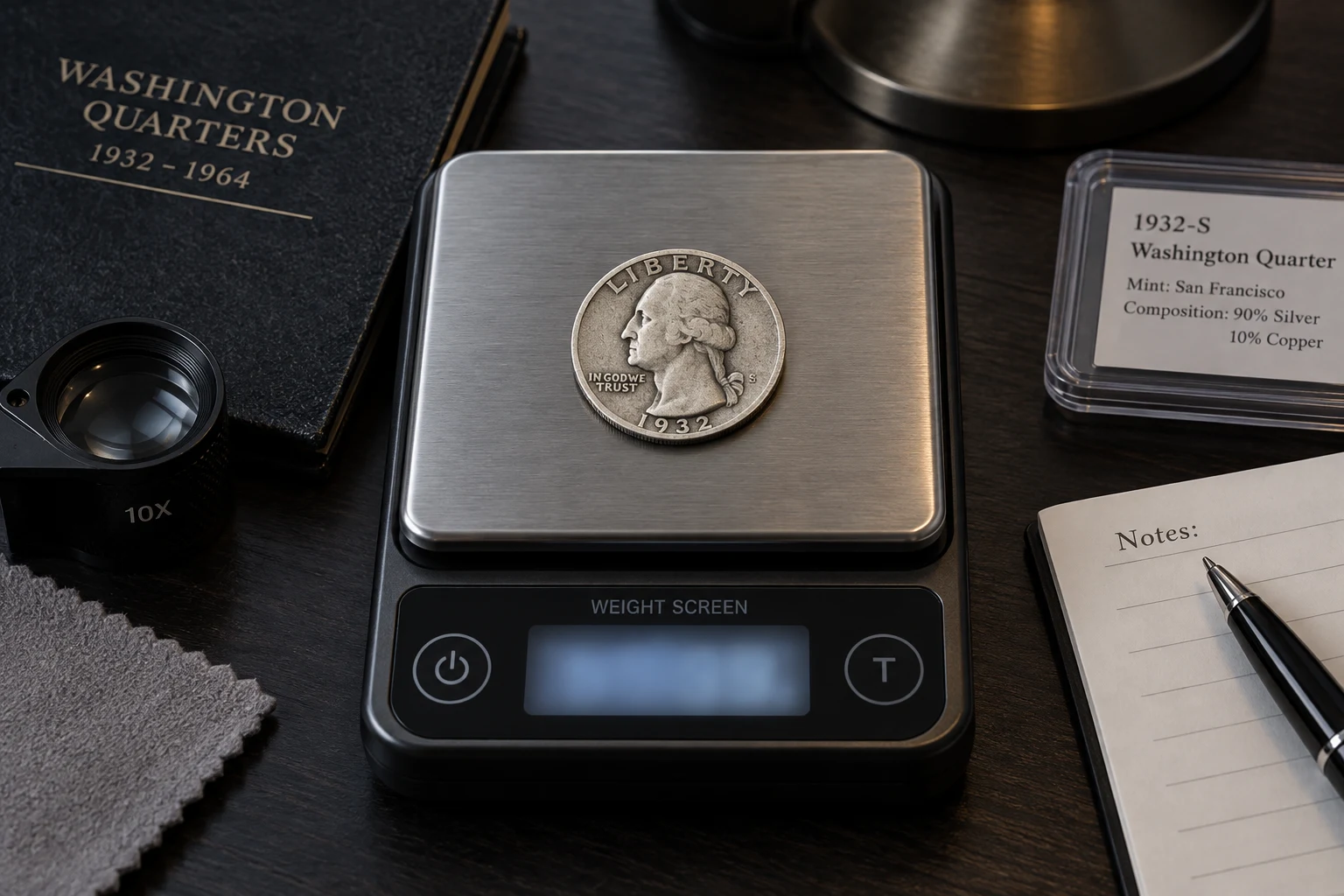1932-S quarter weight screening on a digital scale