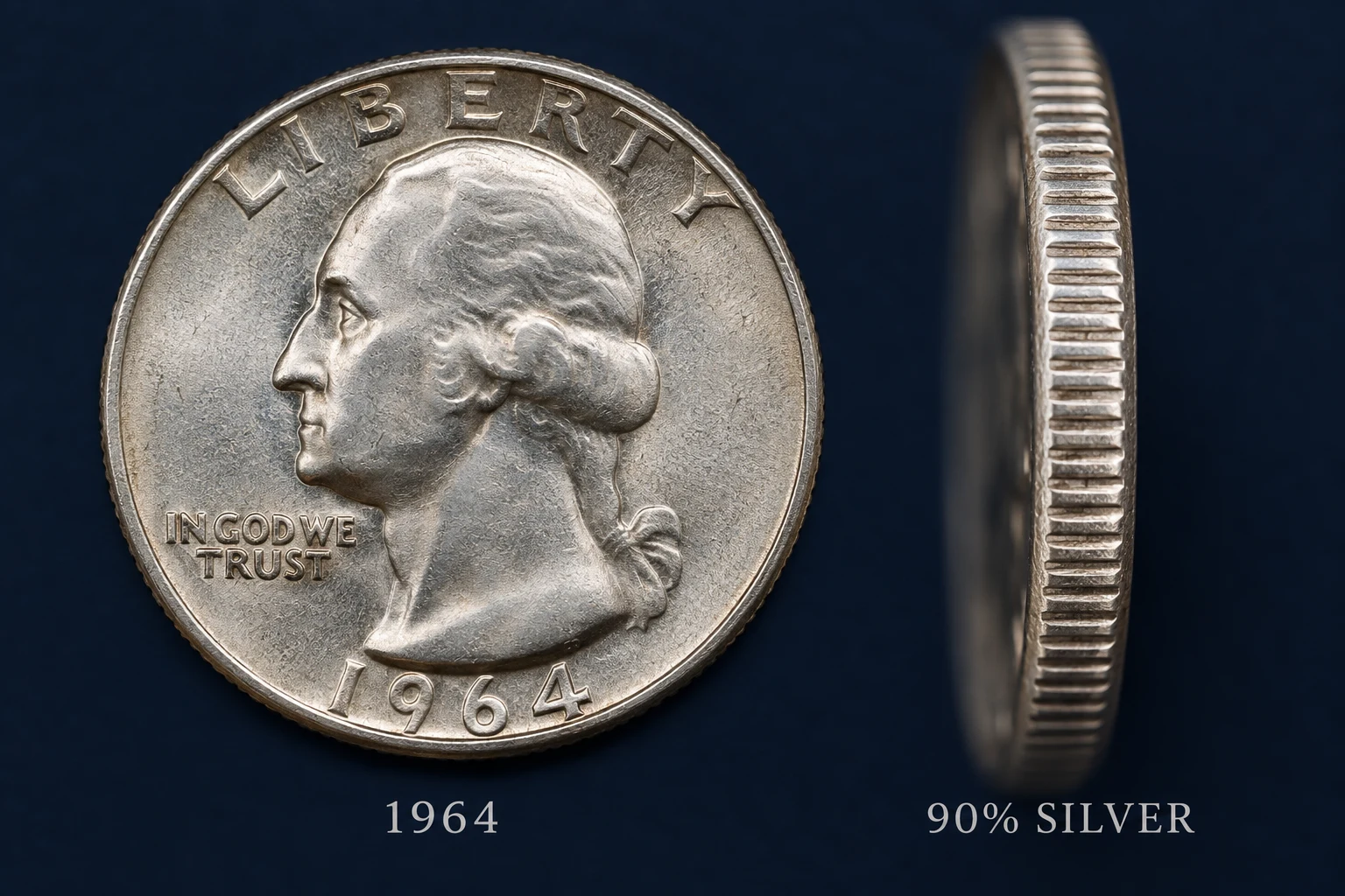 1964 Washington quarter with 90 percent silver and reeded edge