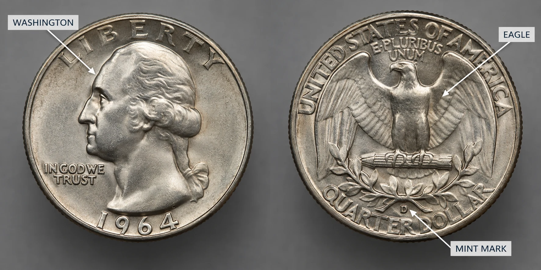 1964 Washington quarter design details Washington eagle and mint mark