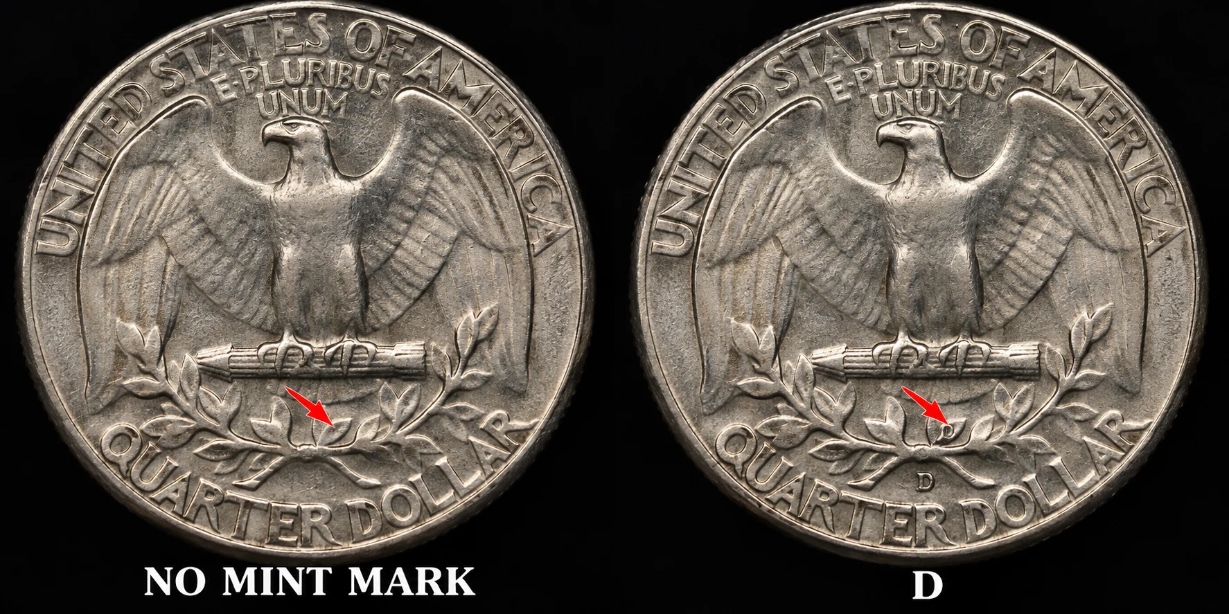 1964 quarter no mint mark and D mint mark comparison