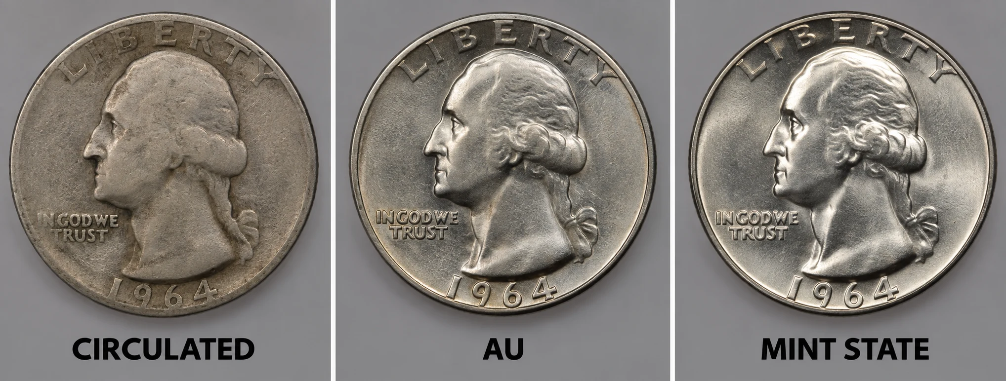 1964 Washington quarter circulated AU and Mint State comparison