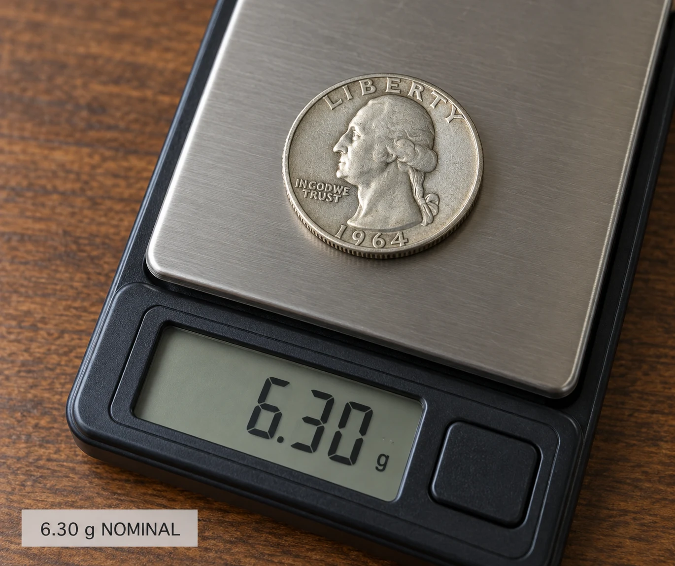 1964 Washington quarter on a digital scale showing nominal weight
