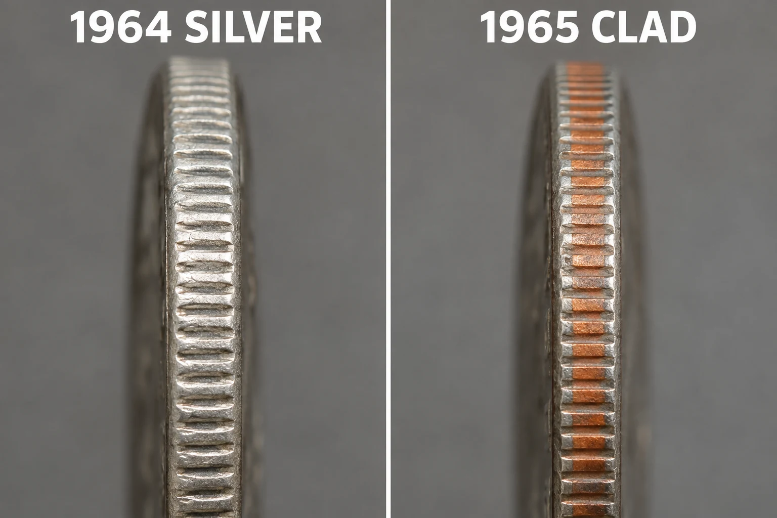 1964 silver and 1965 clad Washington quarter edge comparison