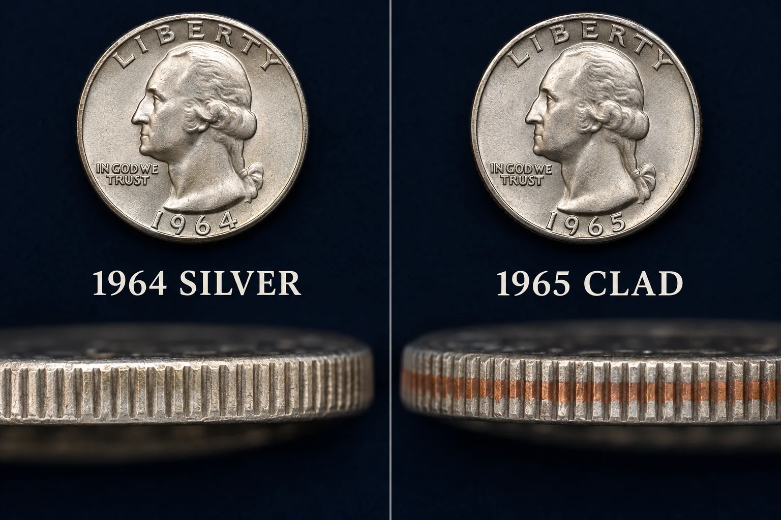 1964 silver quarter and 1965 clad quarter edge comparison