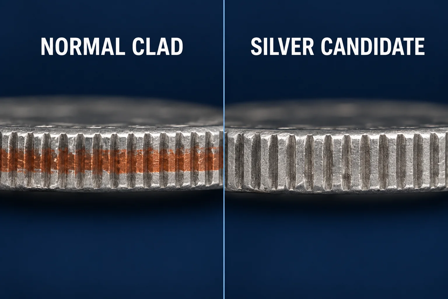 normal 1965 clad quarter edge compared with a possible silver candidate edge