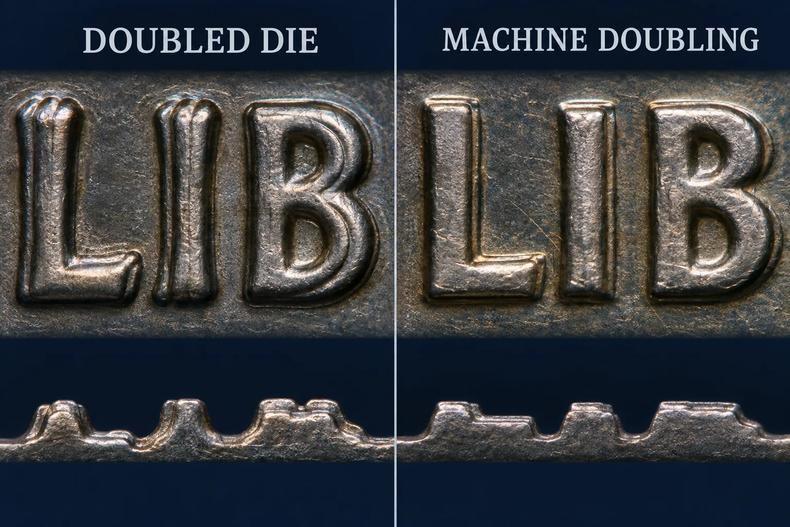educational doubled die and machine doubling relief comparison