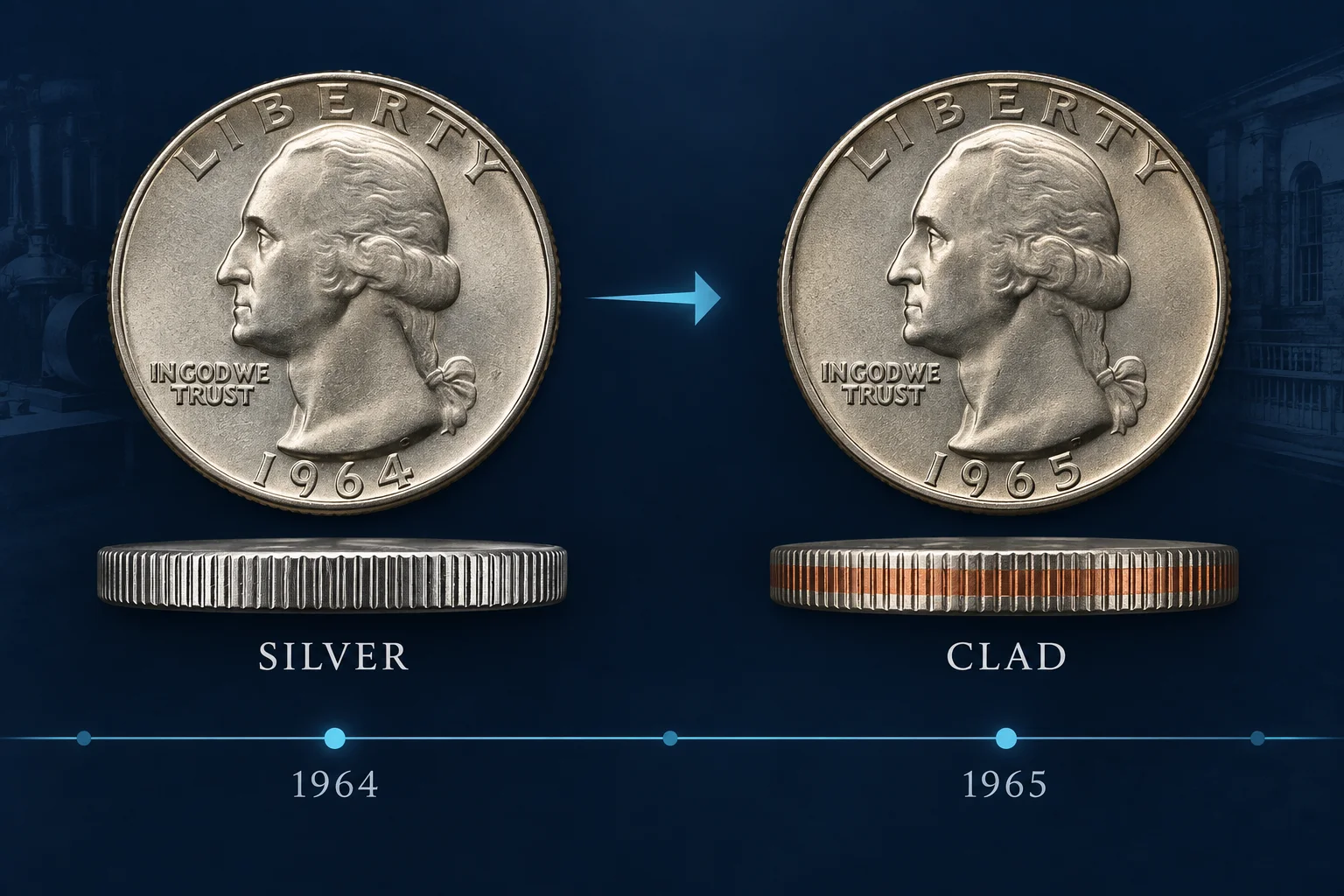 1964 silver to 1965 clad Washington quarter transition