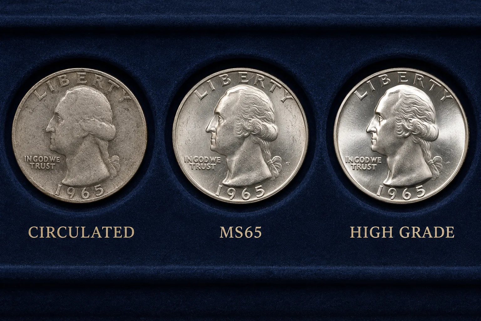 1965 Washington quarter condition comparison from circulated to high grade
