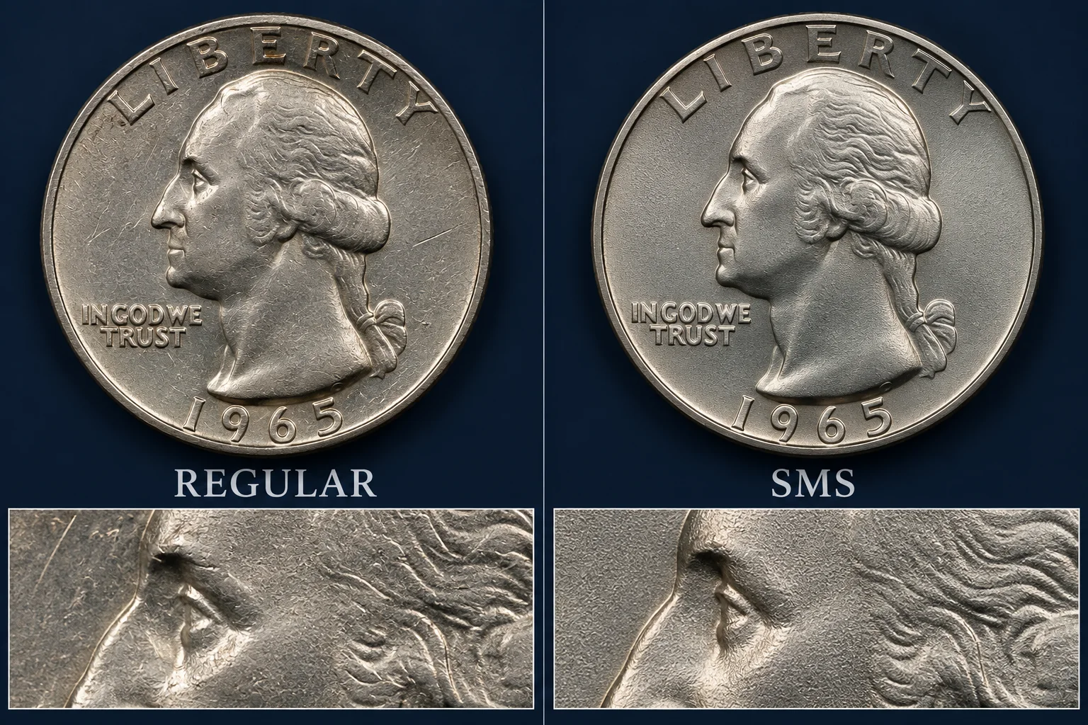 1965 regular strike and Special Mint Set quarter surface comparison