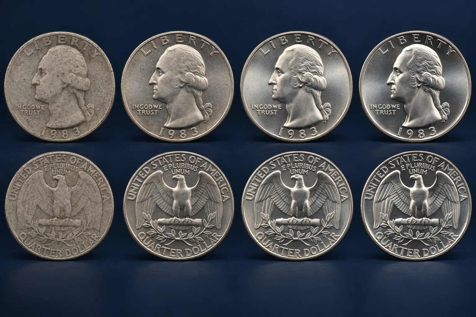 1983-P quarter condition rarity progression from circulated to MS67