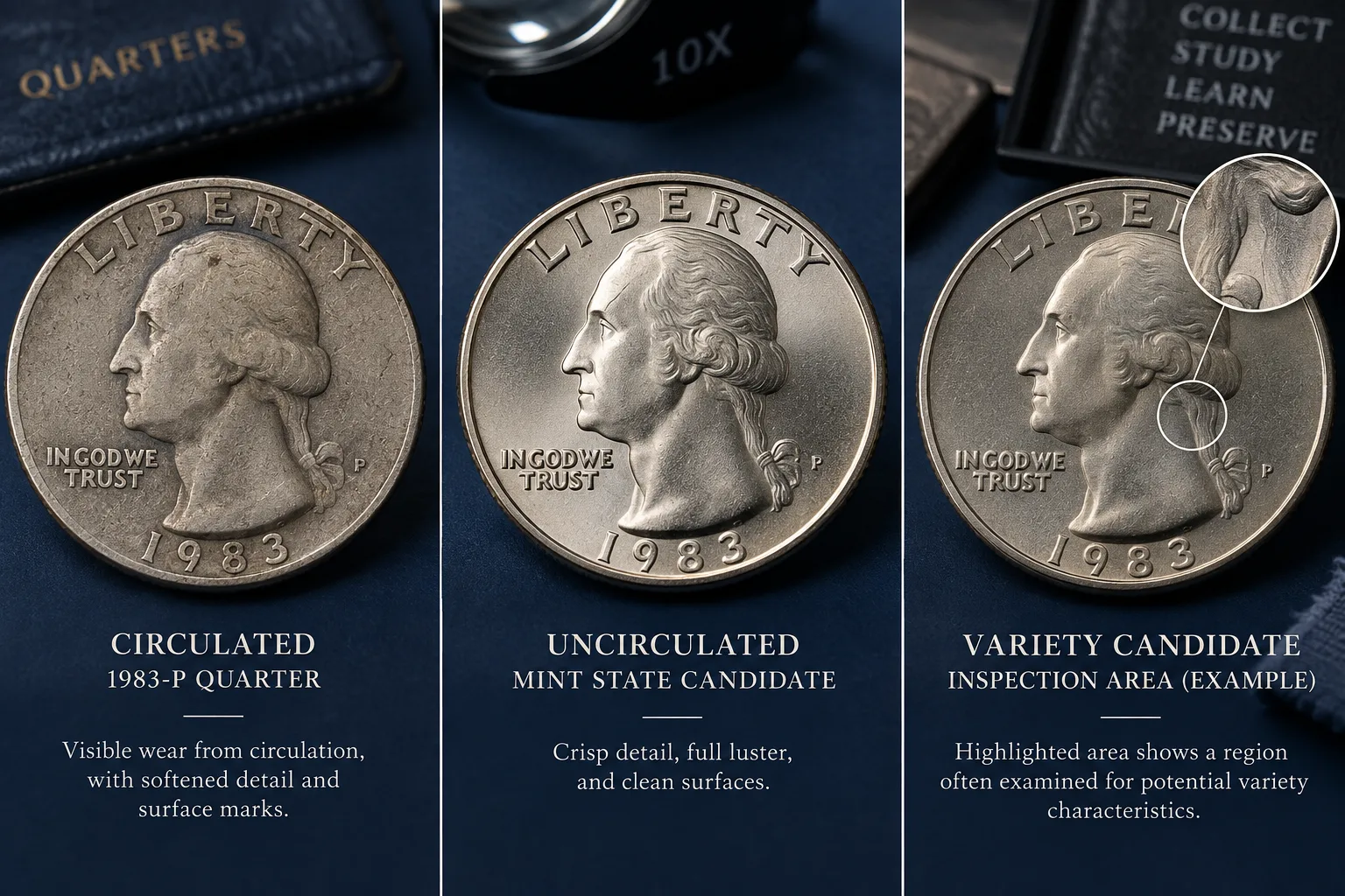 1983-P quarter circulated Mint State and variety inspection comparison