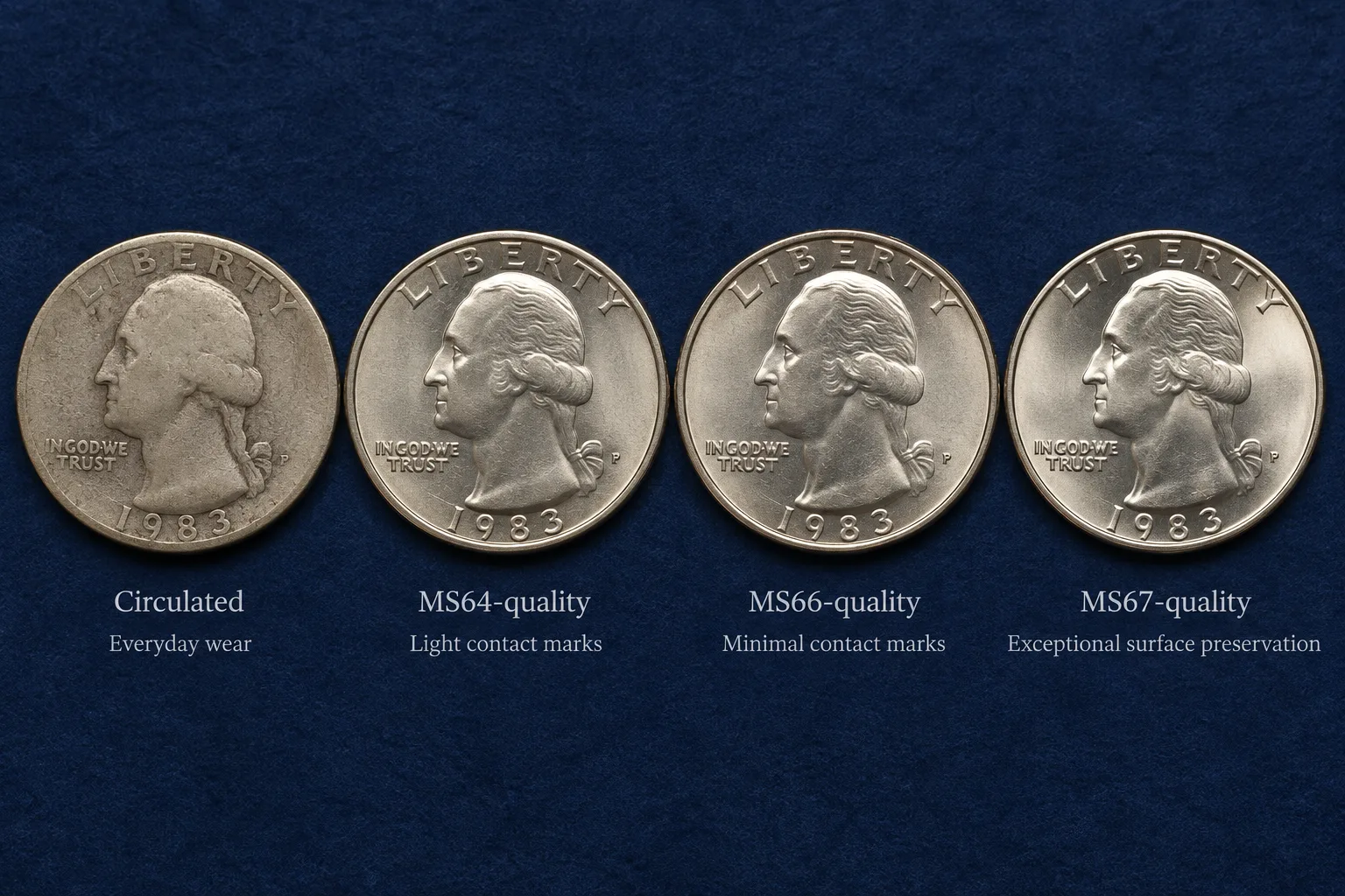 1983-P quarter condition progression from circulated to high grade