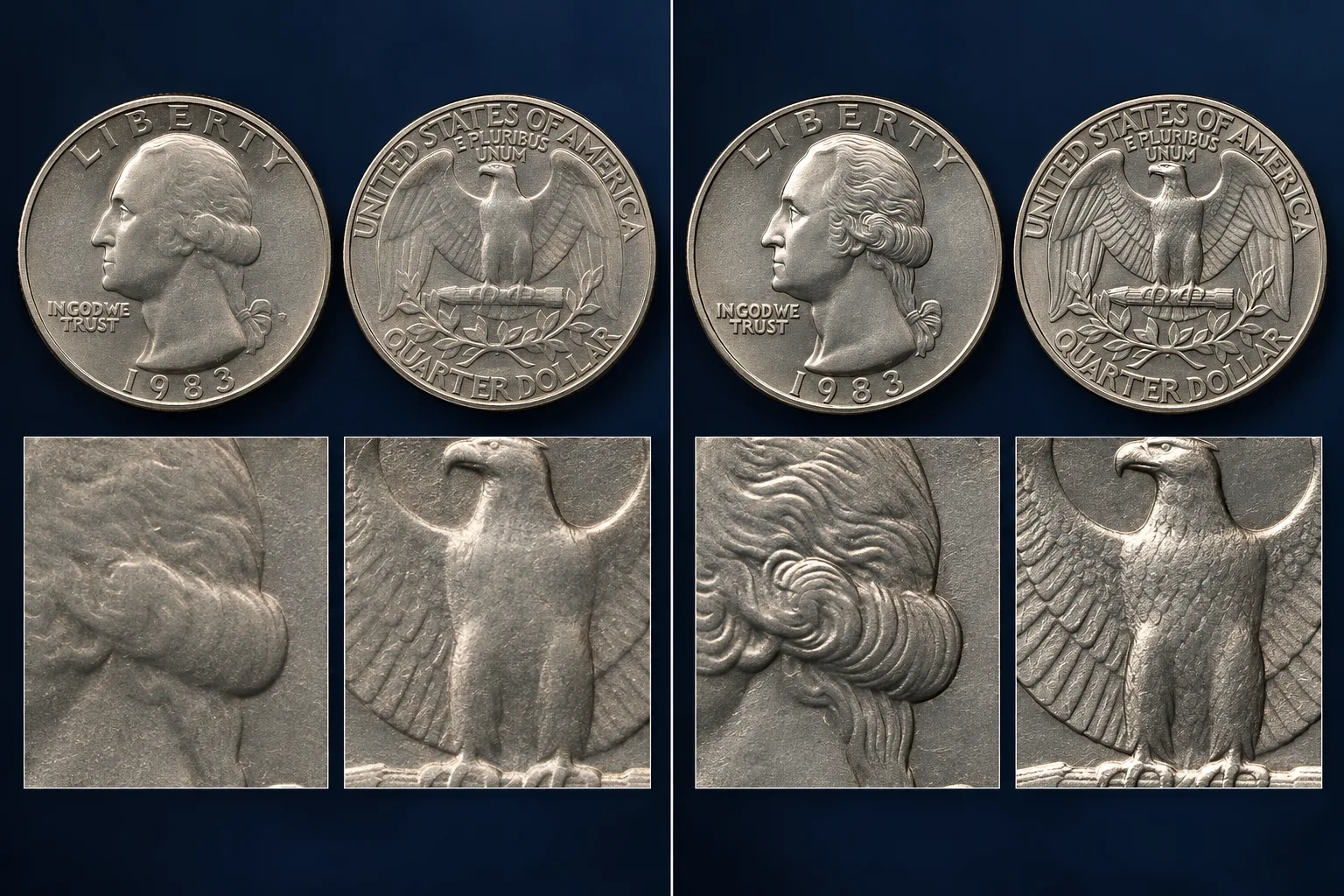 1983-P Washington quarter weak strike and strong strike editorial comparison