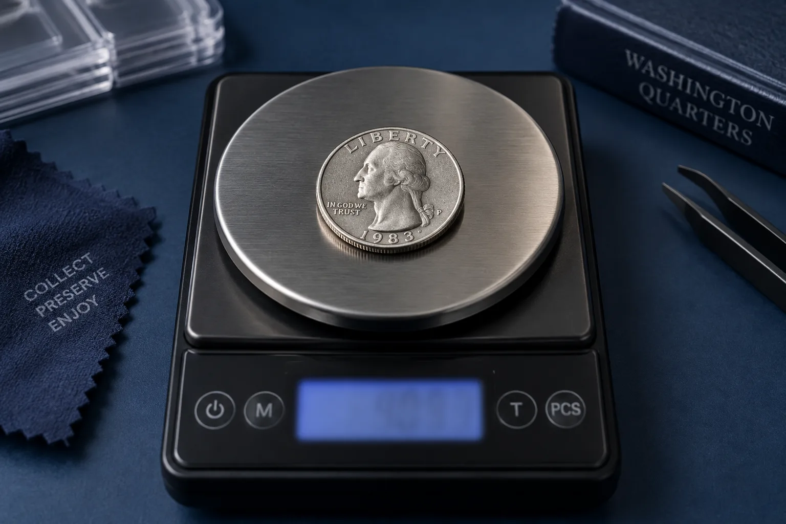 1983-P Washington quarter on a precision scale with display out of focus