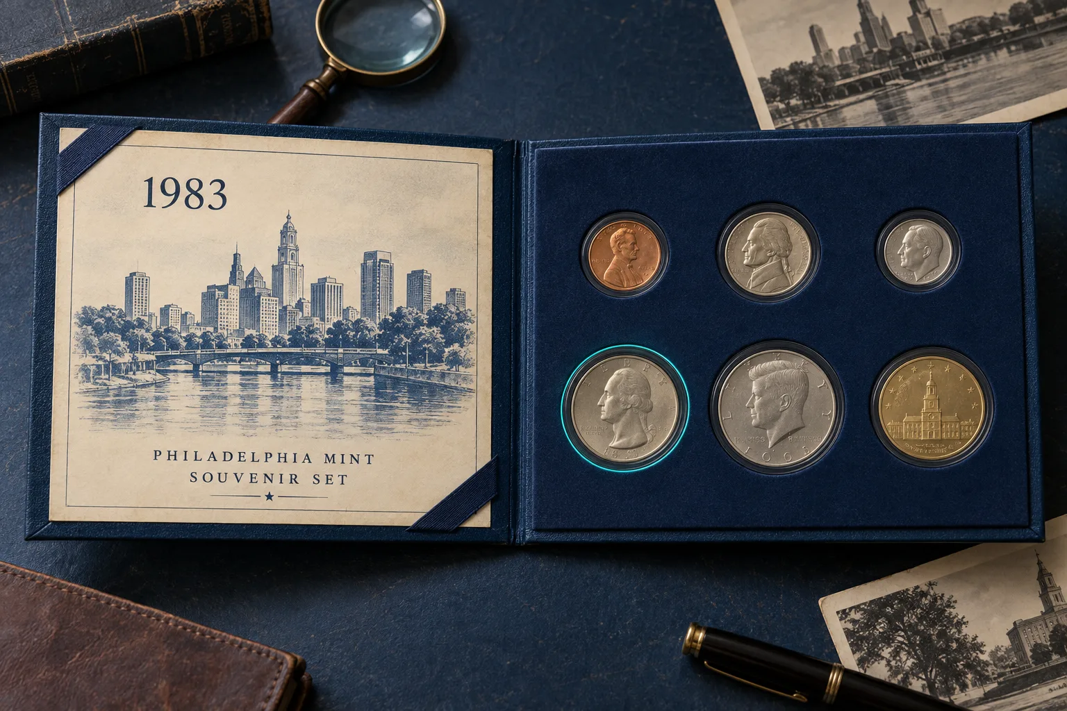 editorial reconstruction of a 1983 Philadelphia Mint Souvenir Set with the quarter highlighted