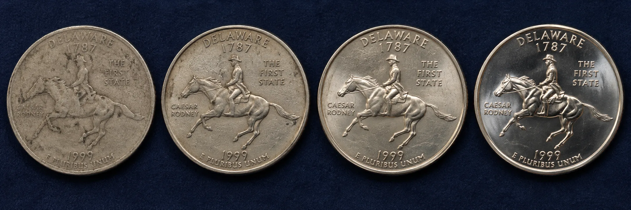 1999 Delaware Quarter circulated to high grade condition progression