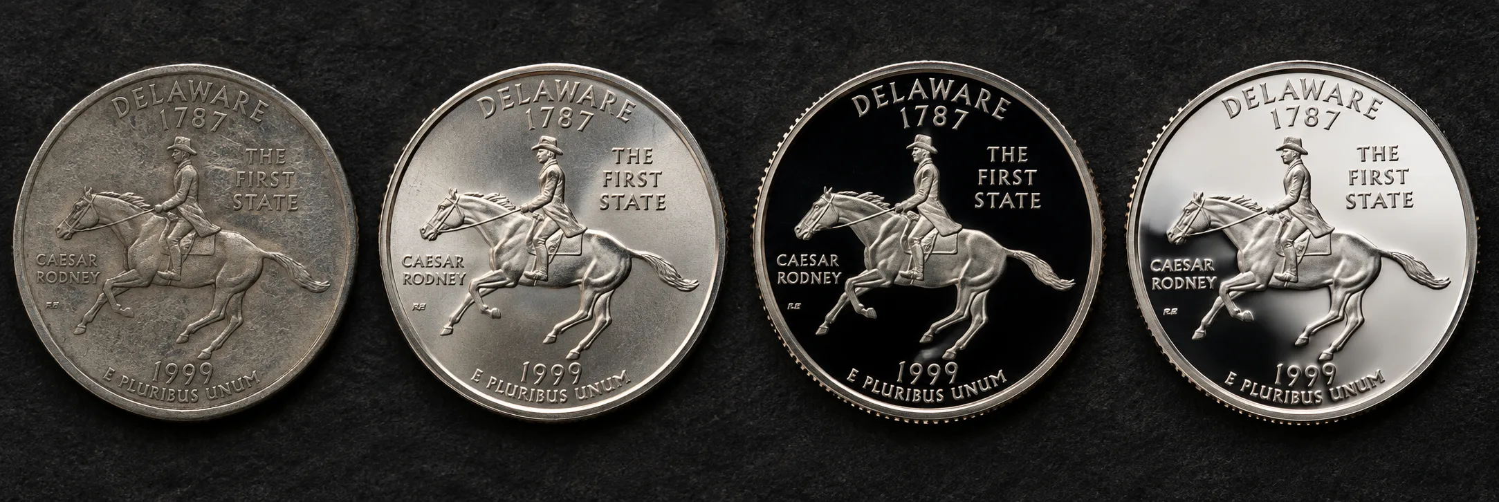 1999 Delaware Quarter value comparison by circulation and proof type